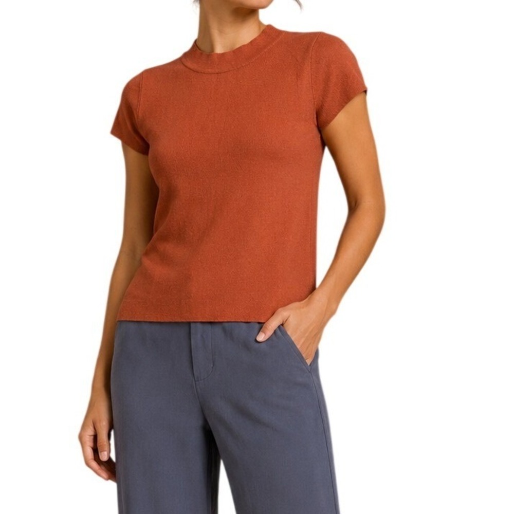 Vila Milano Rust Orange Ribbed Knit Short Sleeve Crew Neck Top Women's Large
